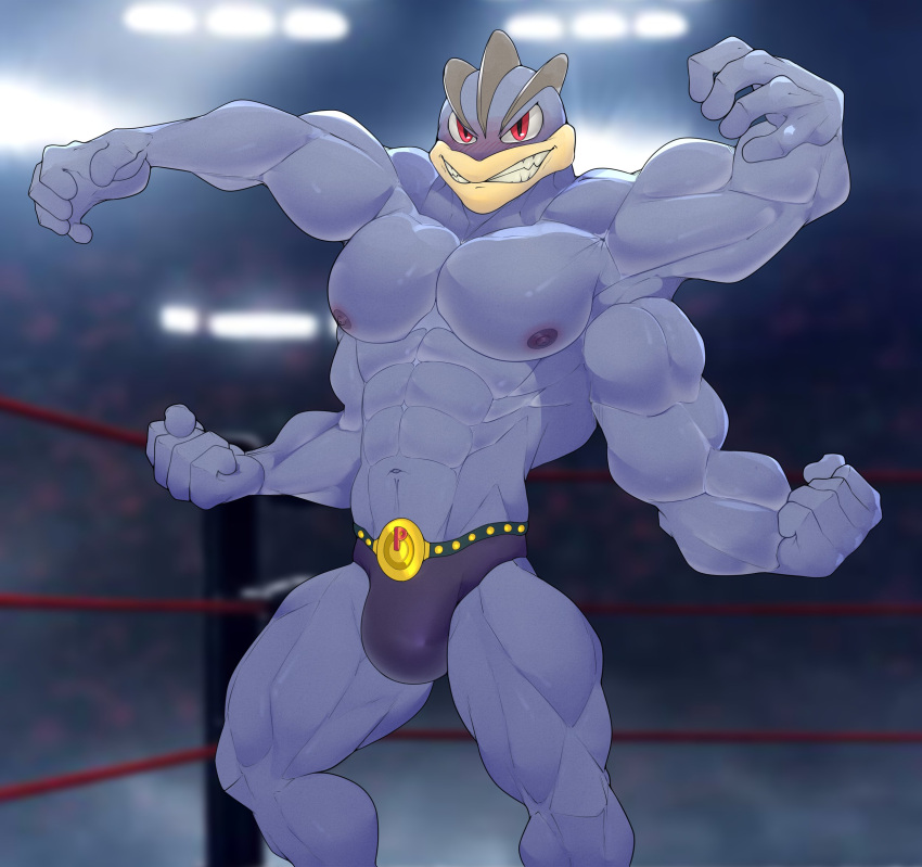 4_arms abs anthro biceps clothing deuzion generation_1_pokemon grey_body grey_skin hi_res machamp male multi_arm multi_limb muscular muscular_male nintendo nipples pecs pokemon pokemon_(species) red_eyes solo underwear