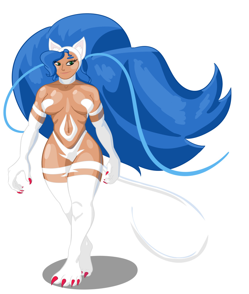 absurd_res alpha_channel animal_humanoid blue_eyes blue_hair breasts capcom cat_humanoid claws colored_nails curvy_figure darkstalkers felicia_(darkstalkers) felid felid_humanoid feline feline_humanoid female fingers fur hair hi_res humanoid long_hair looking_aside mammal mammal_humanoid nails pink_cat_enthusiast simple_background smile solo standing transparent_background video_games white_body white_fur