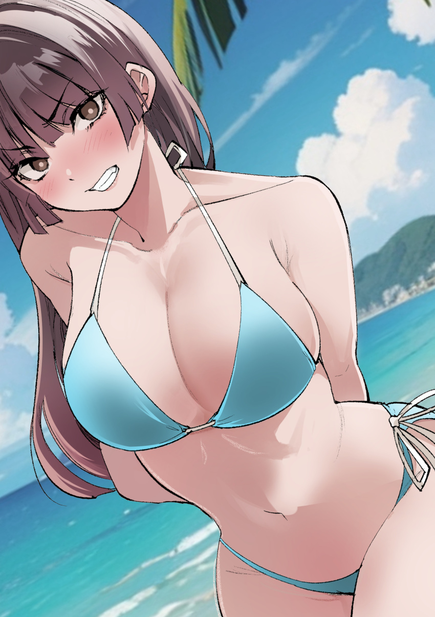 1girl absurdres arms_behind_back bikini blue_bikini blush breasts brown_eyes brown_hair cleavage clenched_teeth cloud collarbone cowboy_shot dutch_angle fang halterneck highres large_breasts navel ocean original outdoors sakayama_shinta side-tie_bikini_bottom sky smile solo stomach string_bikini swimsuit teeth