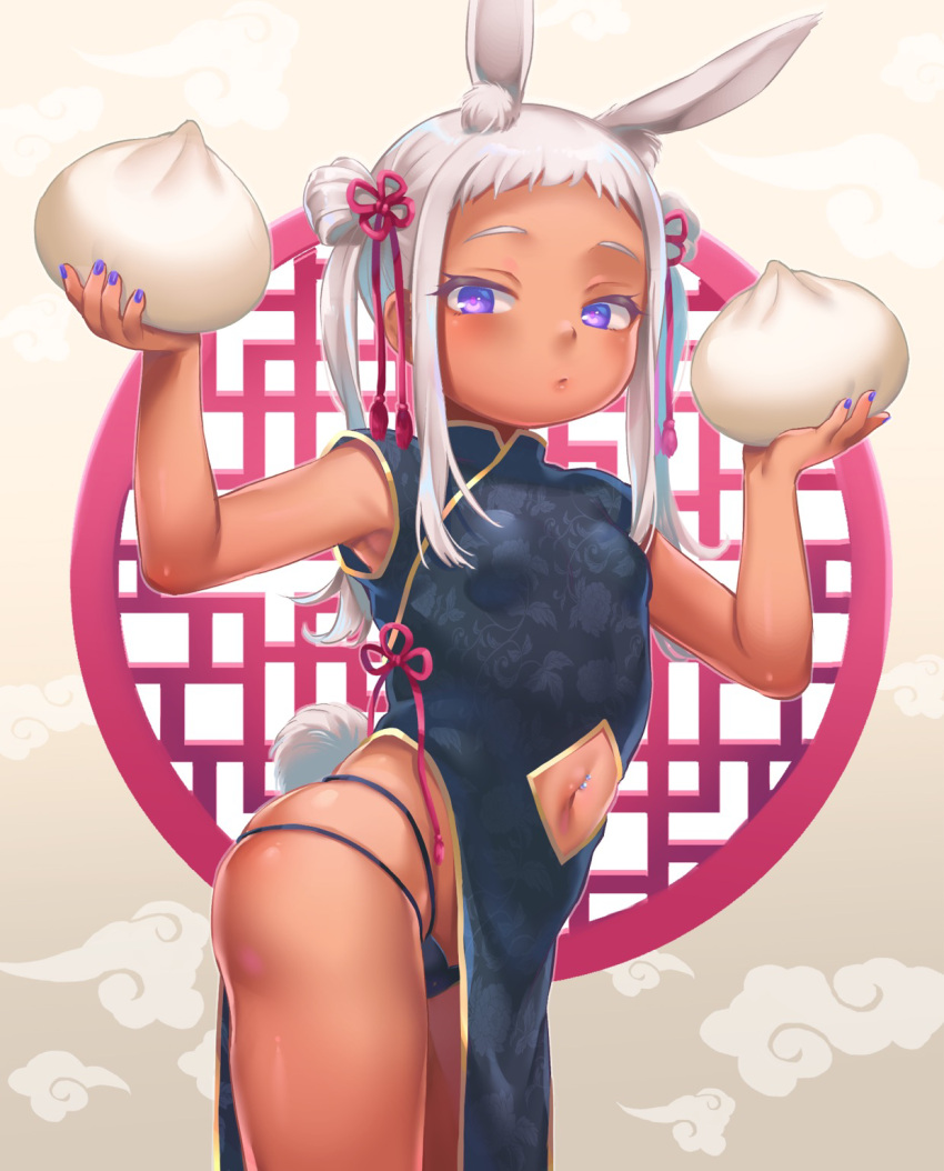 1girl animal_ears baozi bare_arms black_panties breasts china_dress chinese_clothes clothing_cutout commentary_request cowboy_shot dark-skinned_female dark_skin double_bun dress expressionless floral_print food hair_bun highres holding holding_food looking_at_viewer maki_(natoriumu) medium_hair multi-strapped_panties nail_polish navel_cutout navel_piercing original panties pelvic_curtain piercing print_dress purple_eyes purple_nails rabbit_ears rabbit_tail round_window sleeveless sleeveless_dress small_breasts solo tail thong underwear white_hair window