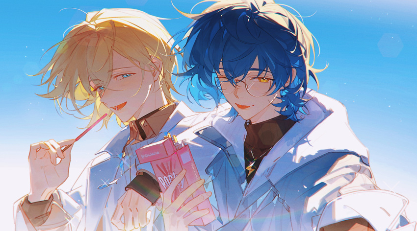 2boys :p aoba_tsugumi arm_on_shoulder black_jacket black_shirt black_sleeves black_undershirt blonde_hair blue_eyes blue_hair blue_sky blue_sleeves box brown_shirt closed_mouth coattails collar collared_jacket commentary_request crim0x0 denim denim_jacket eating ensemble_stars! fingernails food glasses gleam gradient_sky highres holding holding_box jacket jewelry layered_sleeves lens_flare lightning_bolt_necklace long_sleeves male_focus multiple_boys necklace pocky round_eyewear shirt short_hair short_over_long_sleeves short_sleeves sky sleeves_past_wrists smile strawberry_pocky tenshouin_eichi tongue tongue_out turtleneck upper_body white_collar white_jacket yellow_eyes