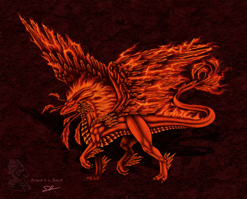 ambiguous_gender avian claws dragon elemental_creature european_mythology feathered_wings feathers feral fire fire_creature flaming_hair flaming_mane flaming_tail flaming_wings greek_mythology hi_res horn hybrid mythological_avian mythological_firebird mythology phoenix pseudo_hair pseudo_mane red_body red_claws red_horn red_scales scales selianth solo tail wings