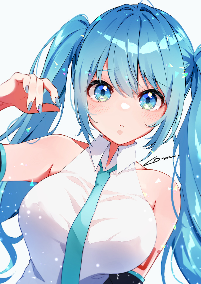 1girl :&lt; absurdres ahoge alternate_breast_size anzu_(x_anzu_ill) aqua_eyes aqua_hair aqua_nails aqua_necktie bare_shoulders bralines breasts closed_mouth collarbone collared_shirt covered_nipples detached_sleeves glitter hair_between_eyes hand_up hatsune_miku highres large_breasts leaning_to_the_side light_frown long_hair looking_at_viewer necktie shirt sidelocks signature simple_background sleeveless sleeveless_shirt solo swept_bangs twintails upper_body vocaloid white_background white_shirt