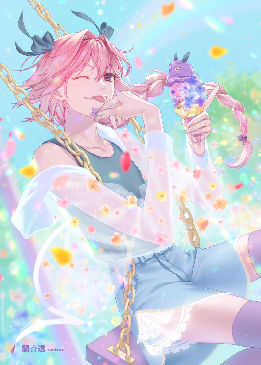 1boy :p animal-themed_food animal_ears artist_name astolfo_(fate) black_bow black_thighhighs blouse blue_skirt bow braid chain cherry_blossoms denim denim_skirt fang fate/apocrypha fate/grand_order fate_(series) flower food frilled_skirt frills gold_chain green_tank_top hair_bow hair_intakes highres holding holding_flower holding_food ice_cream_cone light_particles long_hair looking_at_viewer male_focus mikaeri one_eye_closed otoko_no_ko petals pink_hair plant purple_eyes rabbit_ears see-through see-through_shirt shirt silk single_braid sitting skin_fang skirt sky smile solo swing tank_top thighhighs tongue tongue_out white_shirt