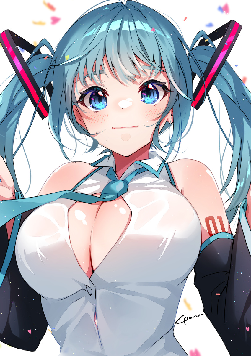 1girl absurdres alternate_breast_size alternate_eye_color anzu_(x_anzu_ill) aqua_eyes aqua_hair aqua_necktie bare_shoulders blue_eyes breasts button_gap center_opening cleavage closed_mouth collared_shirt commentary confetti covered_nipples detached_sleeves from_below hair_ornament hands_up hatsune_miku highres large_breasts light_blush looking_at_viewer necktie number_tattoo partially_unbuttoned reaching reaching_towards_viewer shirt sidelocks signature simple_background sleeveless sleeveless_shirt smile solo swept_bangs tattoo twintails upper_body vocaloid white_background white_shirt