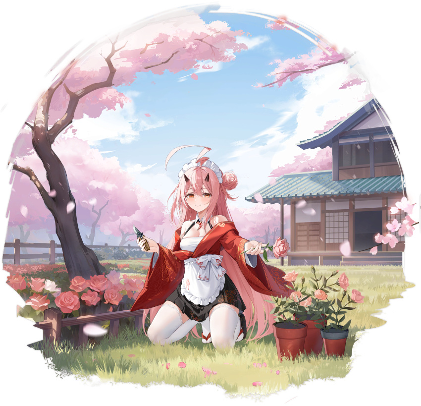 1girl apron azur_lane bare_shoulders blue_sky breasts cherry_blossoms closed_mouth cloud cloudy_sky flower flower_pot full_body grass hair_bun highres holding holding_flower horns ikazuchi_(azur_lane) ikazuchi_(courtyard_maid_ikazuchi)_(azur_lane) japanese_clothes kneeling long_hair looking_at_viewer maid maid_headdress off_shoulder official_art ootsuki_momiji petals pink_hair pruning_shears red_eyes rose sandals sky small_breasts smile thighhighs tree waist_apron wide_sleeves zettai_ryouiki zouri