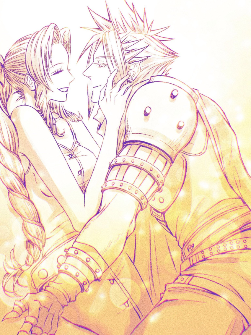1boy 1girl aerith_gainsborough armor bare_arms belt braid braided_ponytail breasts buttons choker clawed_gauntlets cloak closed_eyes closed_mouth cloud_strife couple dress earrings fig82117s final_fantasy final_fantasy_vii hair_ribbon hair_tie hand_on_another's_cheek hand_on_another's_face hetero highres jewelry kingdom_hearts long_hair looking_at_another loose_belt medium_breasts monochrome multiple_belts official_alternate_costume parted_bangs parted_lips ribbon ribbon_choker short_hair shoulder_armor sidelocks single_braid single_earring sleeveless sleeveless_dress sleeveless_turtleneck smile spiked_hair turtleneck upper_body wavy_hair
