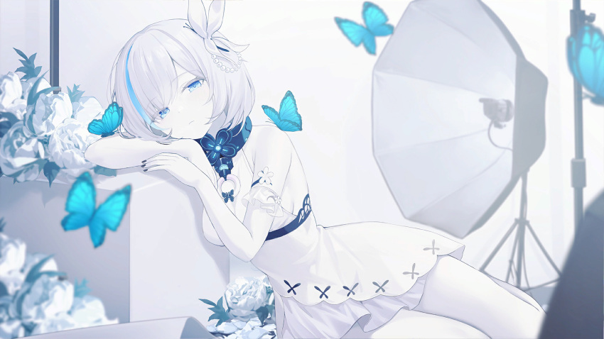 1girl aged_up arm_rest artist_request azur_lane backless_dress backless_outfit black_nails blue_butterfly blue_eyes blue_hair breasts bug butterfly butterfly_hair_ornament closed_mouth colored_eyelashes colored_skin dress expressionless eyes_visible_through_hair fingernails flower four-leaf_clover_necklace game_cg hair_ornament half-closed_eyes head_rest highres jewelry layered_dress medium_breasts multicolored_hair nail_polish necklace non-web_source official_art pale_skin rose short_dress short_hair sitting sleeveless sleeveless_dress streaked_hair tb_(azur_lane) tb_(type-a)_(azur_lane) two-tone_hair white_flower white_hair white_rose white_skin