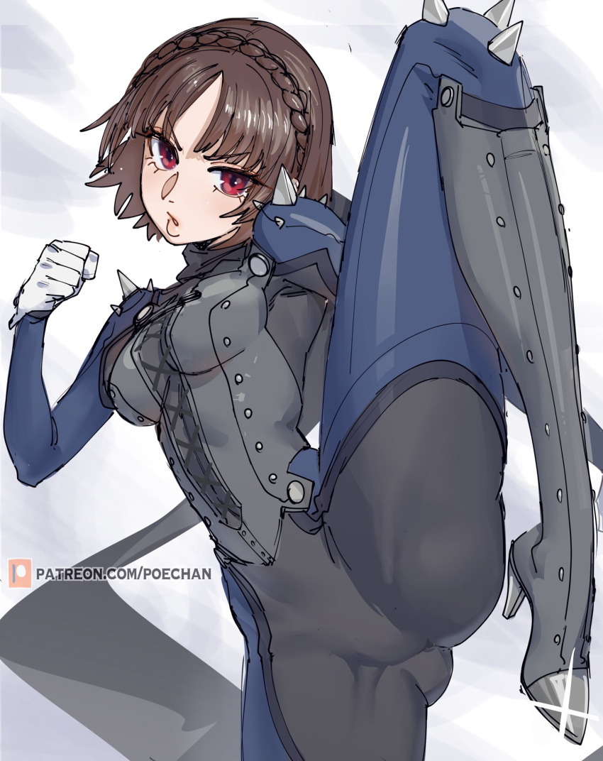 1girl armor ass black_scarf bodysuit bodysuit_under_clothes boots braid breasts brown_hair clenched_hand cross-laced_clothes crown_braid fighting_stance glint gloves hand_up head_tilt high_heel_boots high_heels highres jewelry knee_boots knee_up looking_at_viewer medium_breasts niijima_makoto official_alternate_costume parted_lips patreon_username persona persona_5 poechan_chan puckered_lips red_eyes scarf short_hair shoulder_spikes skin_tight solo spikes standing standing_on_one_leg web_address white_background white_gloves