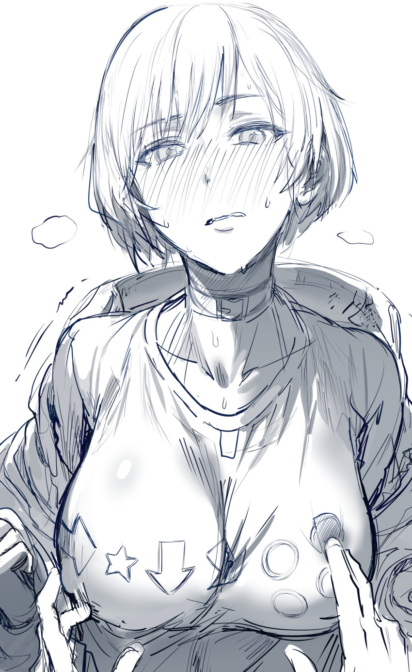 1girl absurdres blush breast_poke breasts choker collarbone commentary covered_nipples greyscale hews highres jacket large_breasts long_sleeves looking_at_viewer monochrome motion_lines nipple_stimulation nipple_tweak off_shoulder open_clothes open_jacket poking reina_(tekken) short_hair sketch solo_focus tekken tekken_8