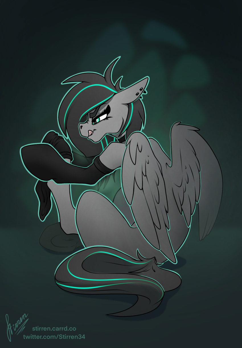 clothing equid equine fan_character female feral footwear gradient_background hasbro hi_res horse mammal my_little_pony pegasus pony putting_on_socks simple_background sitting socks solo stirren tongue tongue_out wings