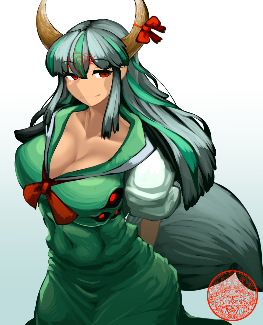 1094akagakati absurd_res accessory animal_humanoid big_breasts black_pupils black_sclera bovid bovid_humanoid bow bow_ribbon breasts cleavage clothed clothing digital_media_(artwork) dress eyelashes facial_markings female fluffy fluffy_tail fully_clothed fur furgonomics green_clothing green_dress green_hair grey_body grey_fur grey_hair grey_tail hair hakutaku half-closed_eyes head_markings hi_res horn horn_accessory horn_bow horn_ribbon huge_breasts humanoid keine_kamishirasawa light_body light_skin long_hair looking_at_viewer mammal mammal_humanoid markings monotone_body monotone_fur monotone_tail multi_eye multicolored_hair narrowed_eyes navel_outline pupils red_bow red_eyes red_markings red_ribbon ribbons simple_background smile solo standing tight_clothing touhou two_tone_hair unusual_anatomy video_games white_background