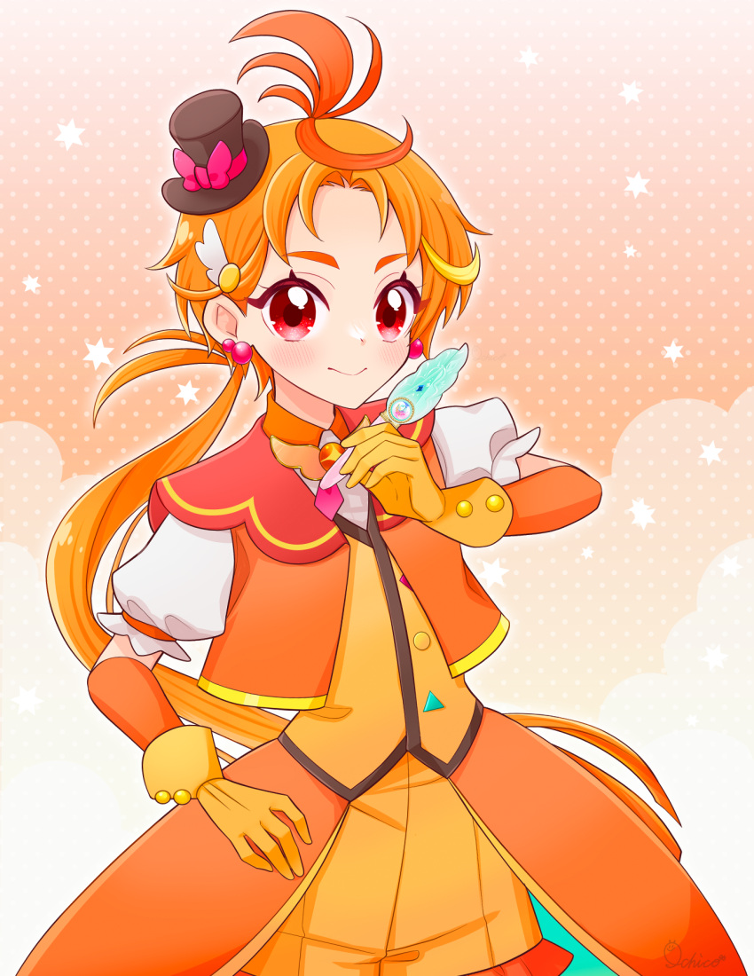 1boy artist_name brooch coattails cowboy_shot cropped_jacket cure_wing earrings frilled_shorts frills gloves hat highres hirogaru_sky!_precure holding ichico_mkmk jacket jewelry long_hair looking_at_viewer low_ponytail magical_boy male_focus mini_hat mini_top_hat mirage_pen open_mouth orange_gloves orange_hair orange_jacket orange_shorts precure puffy_short_sleeves puffy_sleeves red_eyes short_sleeves shorts signature smile standing tilted_headwear top_hat wing_brooch yuunagi_tsubasa