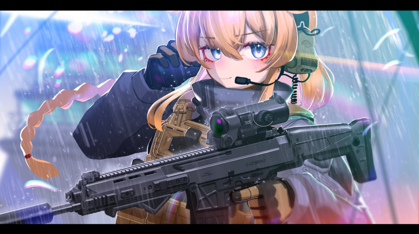 1girl ammunition_pouch blonde_hair blue_eyes braid commentary_request cz_805_bren english_commentary headset highres holding holding_weapon indie_virtual_youtuber iwasawa_republic letterboxed looking_at_viewer optical_sight plate_carrier pouch rain second-party_source single_braid smile solo suppressor tactical_clothes trigger_discipline weapon whiskey_project