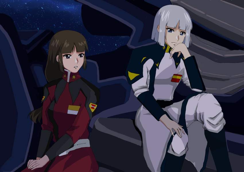 1boy 1girl blue_eyes brown_hair closed_mouth gundam gundam_seed gundam_seed_destiny hand_on_own_chin highres long_hair looking_at_another military military_uniform open_mouth owdreyart purple_eyes science_fiction shiho_hahnenfuss short_hair sitting space uniform white_hair yzak_joule