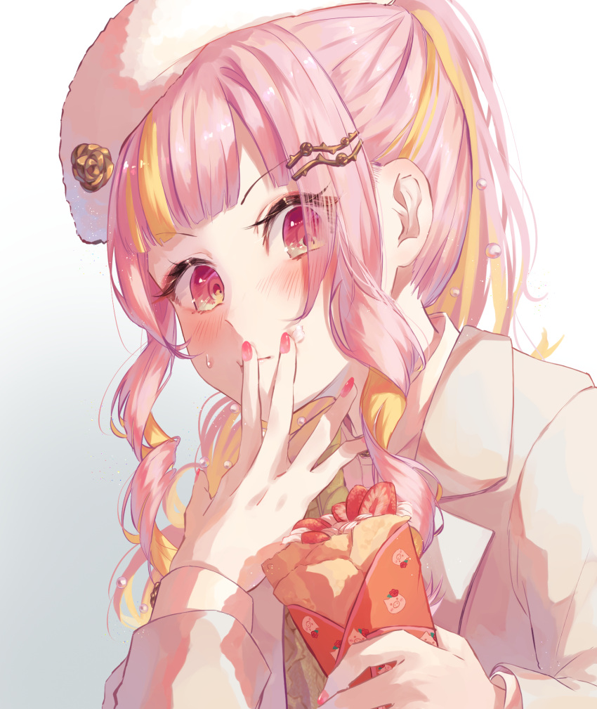 1girl beret blunt_bangs closed_mouth cream cream_on_face crepe eyes_visible_through_hair food food_on_face fruit hair_ornament hairclip hand_to_own_mouth hat highres holding holding_food inori_002 looking_at_viewer multicolored_hair nijisanji nijisanji_en pink_hair pink_nails red_eyes rosebud_(rosemi_lovelock) rosemi_lovelock rosemi_lovelock_(3rd_costume) solo strawberry streaked_hair sweatdrop virtual_youtuber water_drop