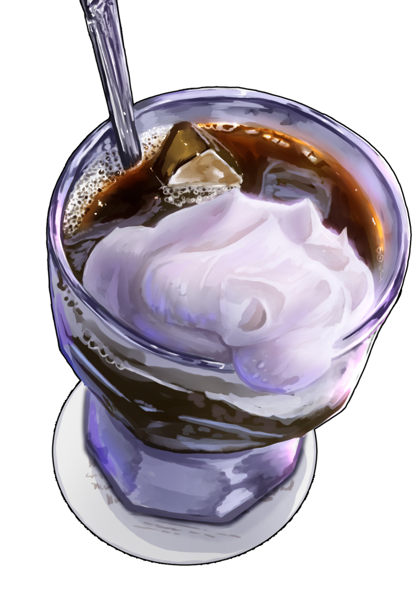 coffee cup drink drinking_glass food food_focus highres ice ice_cube kaneko_ryou no_humans original simple_background spoon still_life whipped_cream white_background