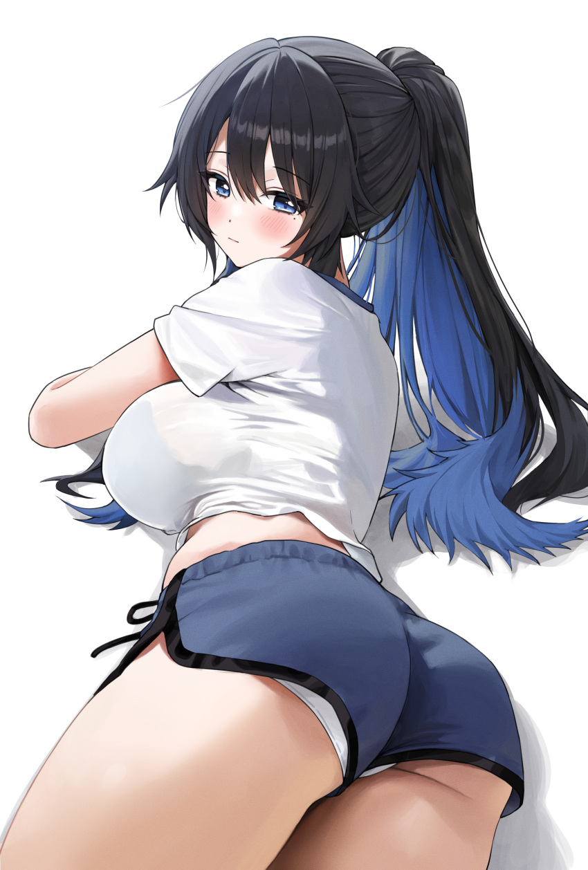 1girl 72_chiri absurdres ass black_bra black_hair blue_eyes blue_hair blue_shorts blush bra breasts closed_mouth dolphin_shorts hair_between_eyes highres korean_commentary large_breasts long_hair looking_at_viewer mole mole_under_eye multicolored_hair original panties panties_under_shorts ponytail see-through see-through_shirt shirt short_shorts short_sleeves shorts simple_background solo standing thick_thighs thighs two-tone_hair underwear white_background white_panties white_shirt