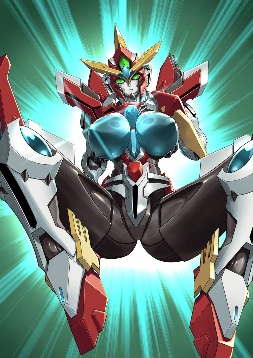 1girl absurdres bravern breasts commentary_request glint green_eyes hand_on_own_chest highres large_breasts looking_at_viewer m_legs mecha parted_lips robot science_fiction sitting solo spread_legs sunkilow super_robot teeth upper_teeth_only v-fin yuuki_bakuhatsu_bang_bravern