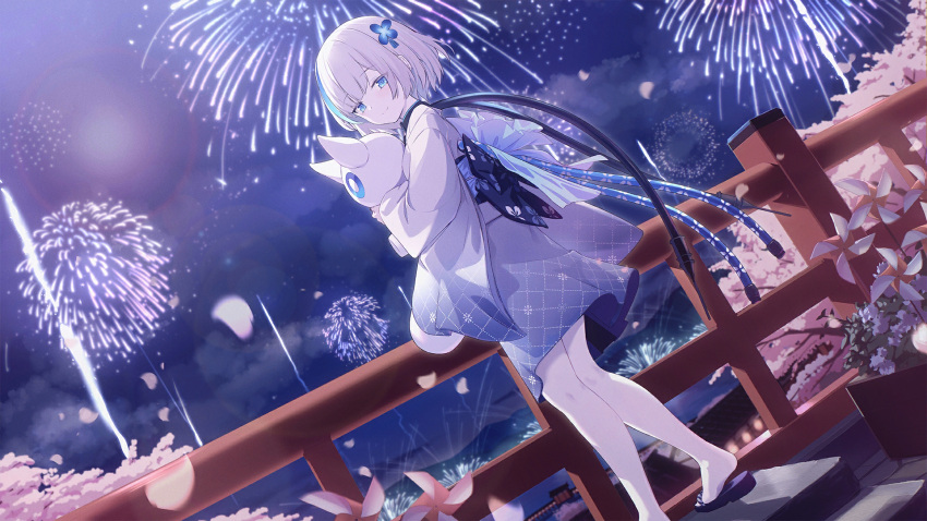 1girl :o aerial_fireworks architecture artist_request azur_lane black_footwear black_nails blue_eyes blue_hair blue_kimono cherry_blossoms closed_mouth cloud colored_eyelashes colored_skin east_asian_architecture fingernails fireworks flower four-leaf_clover_necklace game_cg gradient_kimono hair_flower hair_ornament highres holding holding_stuffed_toy hugging_object japanese_clothes jewelry kimono looking_at_viewer multicolored_hair nail_polish necklace night night_sky non-web_source official_art open_mouth outdoors pale_skin sandals sky streaked_hair stuffed_toy tb_(azur_lane) two-tone_hair white_hair white_kimono white_skin yukata