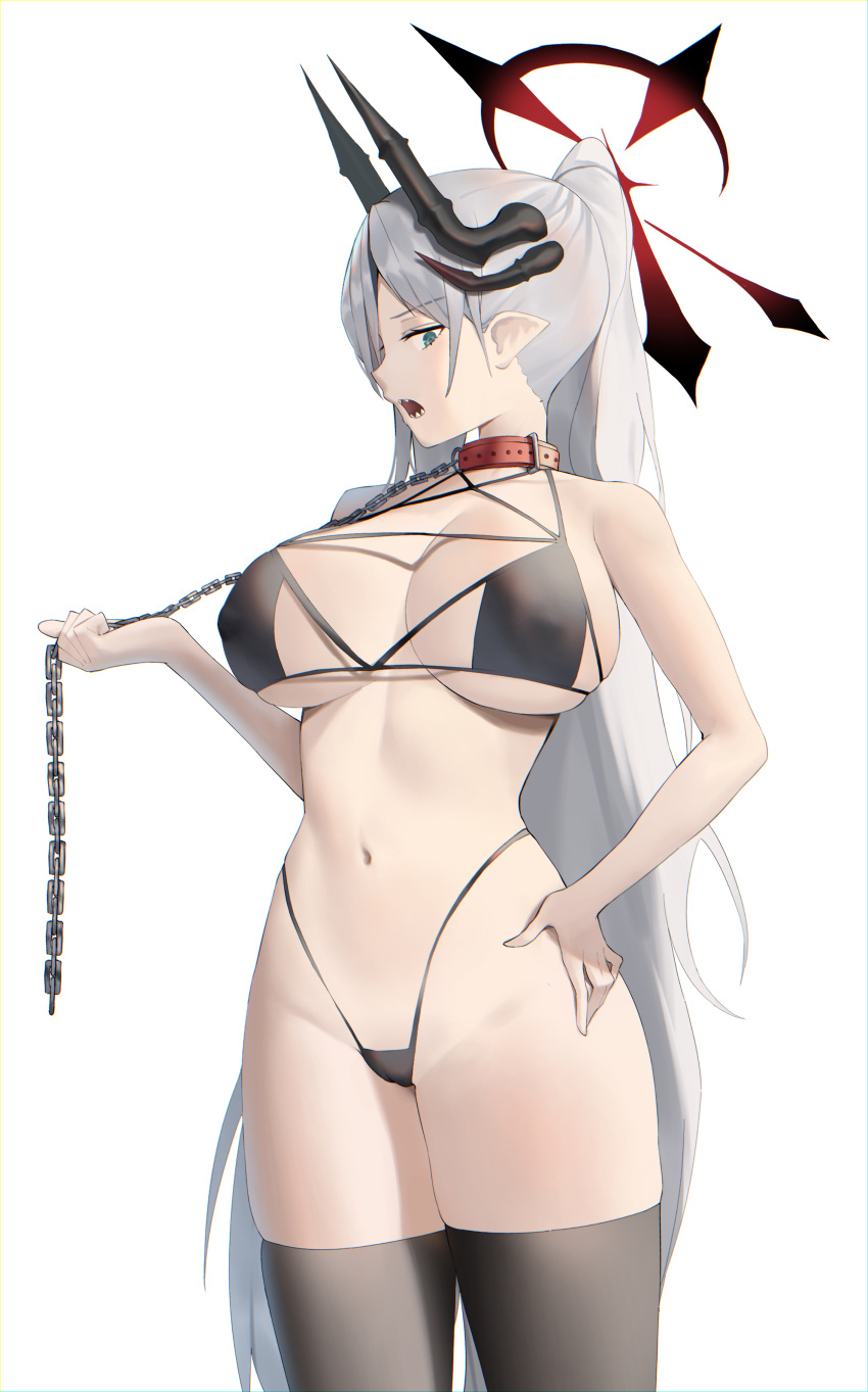 1girl absurdres animal_collar bikini black_bikini black_thighhighs blue_archive breasts breasts_apart chain collar collarbone covered_nipples cowboy_shot green_eyes grey_hair hair_over_one_eye halo halterneck hand_on_own_hip highleg highleg_bikini highres holding holding_chain horns large_breasts long_hair looking_at_object lordol makoto_(blue_archive) micro_bikini navel open_mouth parted_bangs pointy_ears ponytail profile sharp_teeth sideboob simple_background solo strap_gap string_bikini swimsuit teeth thighhighs underboob very_long_hair white_background