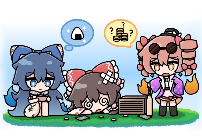 3girls @_@ bag bandaid bandaid_on_head black_headwear blue_bow blue_eyes blue_hair bow bowl box closed_mouth coat coin commentary donation_box dress drill_hair earrings english_commentary food glasses hair_bow hakurei_reimu hat highres jewelry long_hair mini_hat mini_top_hat multiple_girls onigiri open_mouth orange_eyes orange_hair purple_coat red_bow round_eyewear short_hair smile speech_bubble thought_bubble top_hat touhou twin_drills white_dress yorigami_jo'on yorigami_shion yoriyori