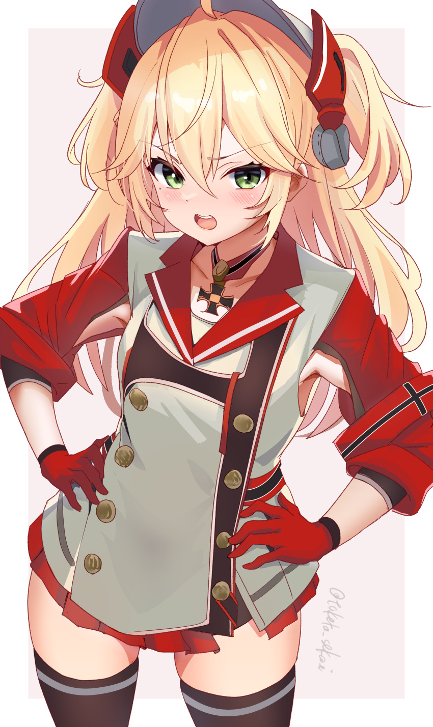 1girl absurdres admiral_hipper_(azur_lane) ahoge armpit_cutout azur_lane black_thighhighs blonde_hair clothing_cutout collarbone commentary_request cowboy_shot cross gloves green_eyes hair_between_eyes hands_on_own_hips highres iron_cross long_hair looking_at_viewer open_mouth partial_commentary red_gloves solo standing thighhighs toketa-sekai two_side_up zettai_ryouiki