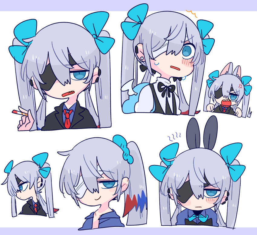 1boy angel_wings anger_vein animal_ears bandage_over_one_eye blue_bow blue_eyes blue_hair blue_shirt blush bow bowtie cigarette collared_shirt earrings eyepatch fake_animal_ears formal furrowed_brow grey_hair hair_between_eyes hair_bow highres holding holding_cigarette jewelry long_hair looking_at_viewer low_twintails male_focus multicolored_hair multiple_views necktie op_na_yarou open_mouth original otoko_no_ko quad_tails rabbit_ears red_hair red_necktie rigel_(op_na_yarou) scrunchie sharp_teeth shirt smile smirk solo suit sweat teeth topless_male twintails two-tone_hair wide-eyed wings