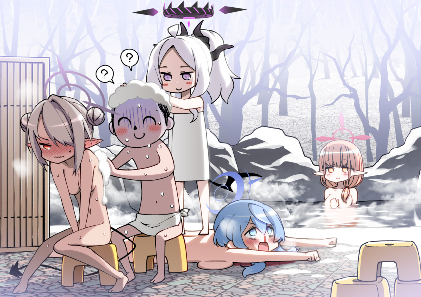 1boy 4girls ? ako_(blue_archive) black_horns black_tail blood blue_archive blue_eyes blue_hair blue_halo blush breasts brown_eyes brown_hair chinatsu_(blue_archive) closed_mouth completely_nude dark-skinned_female dark_skin demon_horns doodle_sensei_(blue_archive) double_bun grey_hair hair_bun hair_over_one_eye halo hina_(blue_archive) hitotose_rin horns iori_(blue_archive) large_breasts long_hair medium_breasts multiple_girls multiple_horns naked_towel navel nosebleed nude onsen open_mouth partially_submerged pointy_ears prefect_team_(blue_archive) purple_halo red_eyes red_halo revision sensei_(blue_archive) short_hair sitting smile spoken_question_mark towel water white_towel