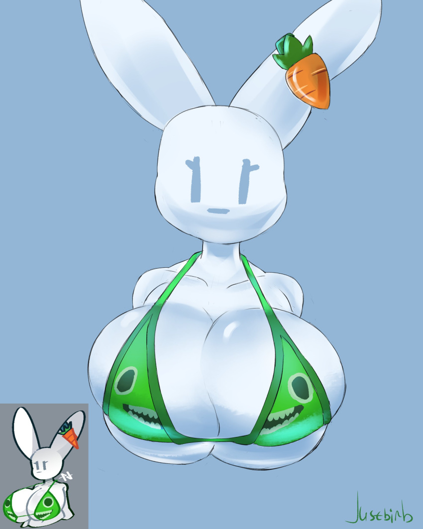 absurd_res accessory anthro artist_name big_breasts bikini blue_background breasts bulging_breasts cari_(probablydemo) carrot clothing digital_media_(artwork) ear_accessory ears_up eyelashes female food front_view fur garten_of_banban glistening glistening_breasts green_bikini_top green_clothing green_swimwear hi_res huge_breasts jumbo_josh justbirb lagomorph leporid mammal plant rabbit reference_image simple_background simple_eyes simple_face solo swimwear vegetable white_body white_ears white_fur