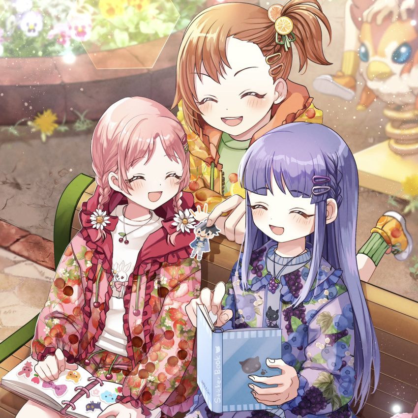 3girls bench blurry blurry_background book casual closed_eyes commentary_request flower hair_ornament highres kyouka_(princess_connect!) long_hair medium_hair mimi_(princess_connect!) misogi_(princess_connect!) multiple_girls open_mouth orange_hair pink_hair princess_connect! purple_eyes rokico sitting sticker