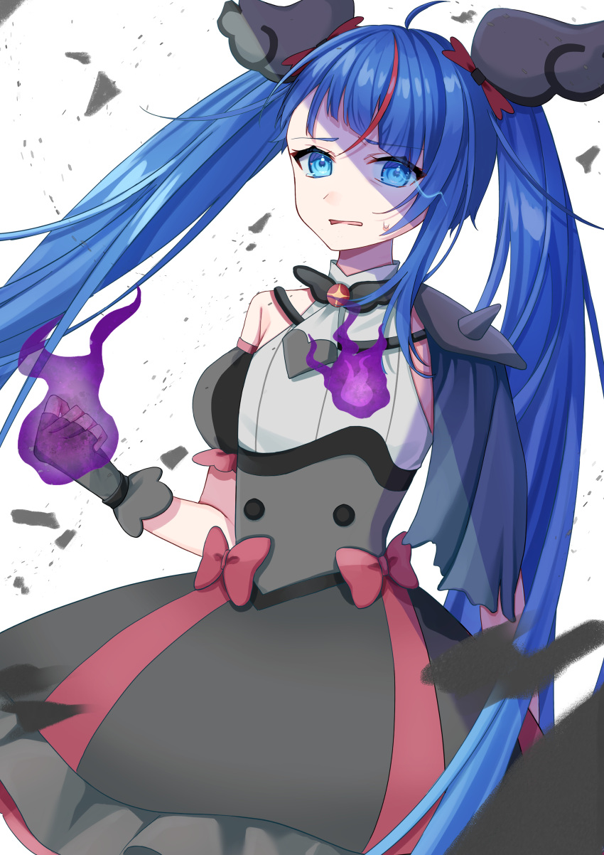 1girl absurdres armor black_dress blue_cape blue_eyes blue_hair bow brooch cape clenched_hand corruption cure_sky cut_bangs dark_cure_sky dark_persona detached_sleeves dress dress_bow fingerless_gloves frilled_dress frills frown gloves glowing glowing_eye glowing_fist grey_dress grey_gloves highres hirogaru_sky!_precure jewelry long_hair looking_at_viewer magical_girl multicolored_hair open_mouth pauldrons precure puffy_detached_sleeves puffy_sleeves red_hair short_dress shoulder_armor single_pauldron sleeveless sleeveless_dress solo sora_harewataru spiked_pauldrons standing streaked_hair sweatdrop tearing_up torn_cape torn_clothes twintails two-tone_dress usa-usao very_long_hair white_background wing_brooch wing_hair_ornament
