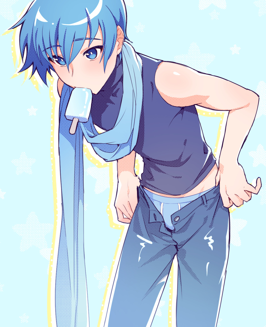 1boy bare_shoulders bent_over blue_background blue_eyes blue_hair blue_male_underwear blush briefs clothes_pull commentary cropped_legs denim food food_in_mouth highres jeans kaito_(vocaloid) looking_up male_focus male_underwear midriff_peek nifffi pants popsicle pulling pulling_off_legwear scarf star_(symbol) tank_top underwear vocaloid