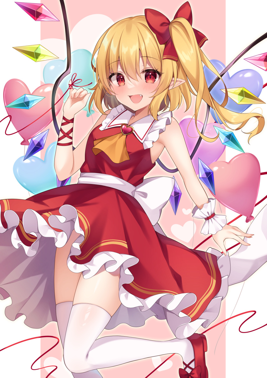 1girl absurdres ascot balloon blonde_hair blush bow commentary_request crystal dress flandre_scarlet frilled_dress frills hair_between_eyes heart_balloon highres long_hair miy@ open_mouth pointy_ears red_bow red_dress red_eyes red_footwear shoes side_ponytail sleeveless sleeveless_dress smile solo thighhighs touhou white_thighhighs wings yellow_ascot