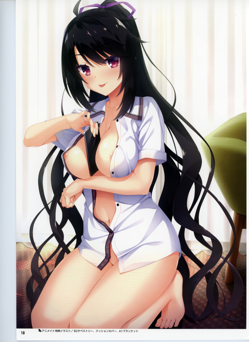 1girl :p absurdres ahoge areola_slip arm_under_breasts bare_legs barefoot between_breasts black_hair blush bottomless breasts cellphone cleavage collarbone feet hair_ribbon hair_spread_out hand_up highres holding holding_phone hoshikawa_kaguya indoors kneeling knees_out_of_frame kobuichi large_breasts long_hair looking_at_viewer naked_shirt navel official_art open_clothes open_shirt partially_unbuttoned phone phone_between_breasts ponytail purple_ribbon red_eyes ribbon scan shirt sidelocks smartphone solo swept_bangs tenshi_souzou_re-boot! thighs tiptoes toes tongue tongue_out very_long_hair wavy_hair white_shirt