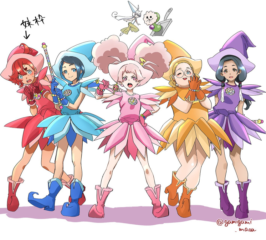 6+girls afro_puffs ahoge aliya_mahvash black_hair blue_eyes blue_hair blush boots chuatury_panlunch cosplay double_bun dress earrings gamigami_maou_(artist) gloves gundam gundam_suisei_no_majo hair_bun hat highres holding holding_wand jewelry lilique_kadoka_lipati long_hair looking_at_viewer magical_girl miorine_rembran multicolored_hair multiple_girls nika_nanaura ojamajo_doremi open_mouth pink_eyes pink_hair red_hair short_hair smile suletta_mercury thick_eyebrows wand witch_hat