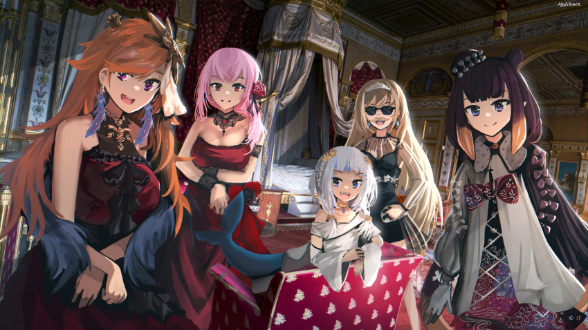 5girls absurdres anonamos bangs bed black_dress blonde_hair blue_eyes breasts candelabra canopy_bed choker cleavage couch curtains day dress dutch_angle earrings fake_facial_hair fake_mustache feather_earrings feathers fish_tail gawr_gura grin hallway highres hololive hololive_english holomyth indoors jewelry large_breasts long_hair looking_at_viewer low-tied_long_hair mansion mori_calliope multiple_girls ninomae_ina'nis official_alternate_costume open_mouth orange_hair painting_(object) pink_eyes pink_hair purple_eyes purple_hair red_dress shark_tail sidelocks smile swept_bangs tail takanashi_kiara very_long_hair watson_amelia white_dress white_hair