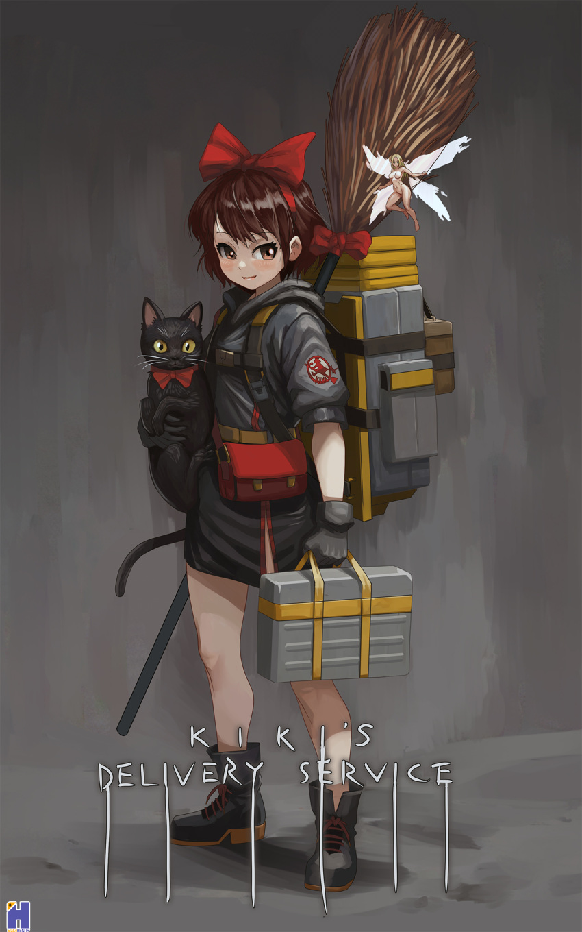 2girls alternate_costume animal artist_name backpack bag belt_pouch black_coat black_footwear black_gloves bow broom brown_eyes brown_hair cat character_request chinese_commentary coat commentary death_stranding english_commentary full_body gloves grey_background hair_bow hairband highres holding holding_animal holding_cat holding_suitcase hood hood_down hooded_coat jiji_(majo_no_takkyuubin) kiki_(majo_no_takkyuubin) majo_no_takkyuubin mixed-language_commentary multiple_girls parody pouch red_bow red_hairband short_hair smile standing suitcase swwhenry title_parody