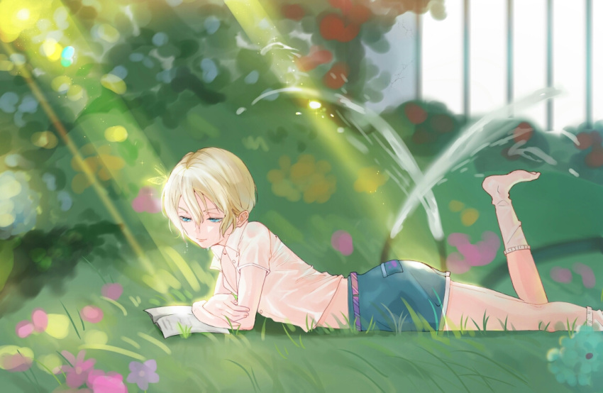 1boy alois_trancy blonde_hair blue_eyes book bug butterfly grass hair_between_eyes kuroshitsuji light_rays lying on_stomach outdoors qi_yushi shirt short_shorts shorts smile socks solo sprinkler wet wet_clothes wet_shirt