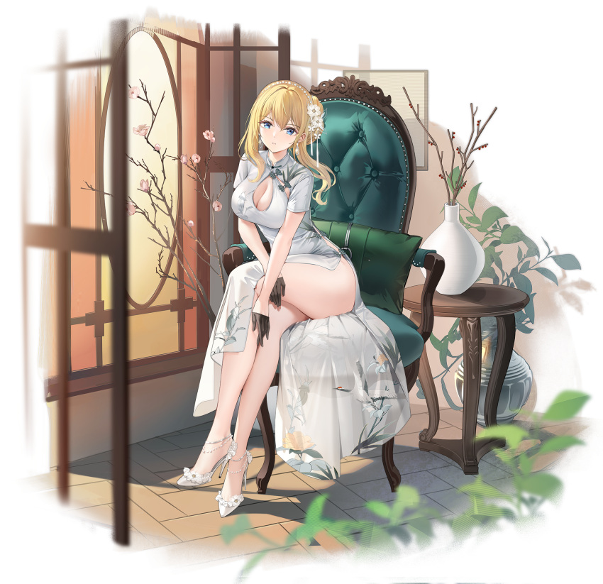 1girl artist_request azur_lane blonde_hair blue_eyes breasts chair china_dress chinese_clothes cleavage cleavage_cutout clothing_cutout crane_print crossed_legs dress earrings floral_print flower_pot full_body gloves hair_bun hair_ornament high_heels highres indoors jewelry long_hair looking_at_viewer official_art parted_lips pillow plant renown_(azur_lane) renown_(graceful_royal_pride)_(azur_lane) see-through short_sleeves sitting solo table thighs