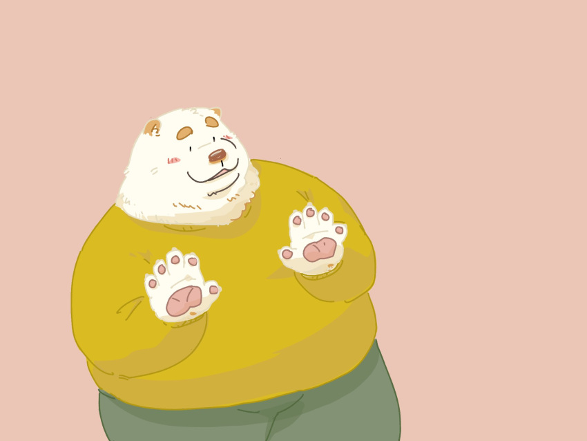 2024 anthro bear belly big_belly blush bottomwear clothing dot_eyes hi_res kemono male mammal overweight overweight_male pants pommn_mn simple_background solo sweater topwear