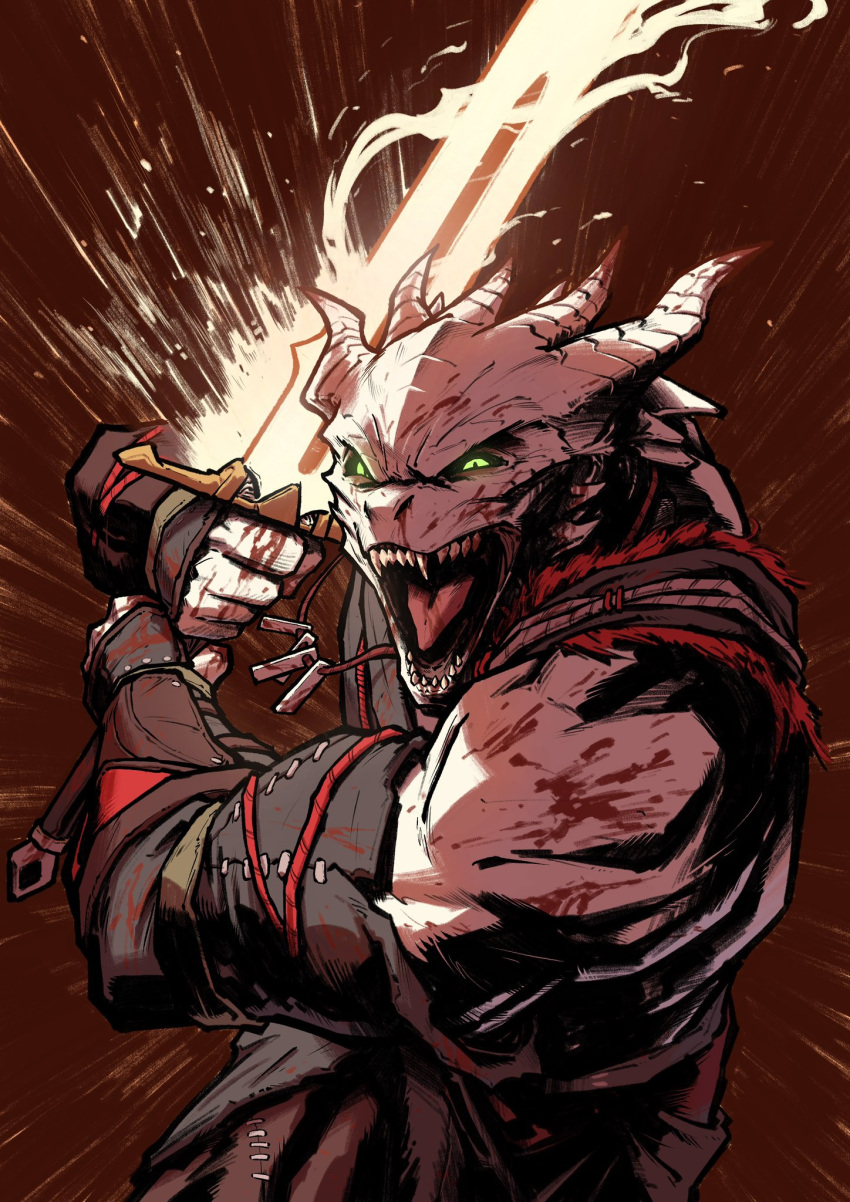 angry anthro armor baldur's_gate baldur's_gate_3 biceps blood blood_on_face blood_on_hand bodily_fluids charging clothed clothing digital_media_(artwork) dragonborn_(dnd) dungeons_and_dragons fangs gloves handwear hasbro hi_res holding_object holding_weapon horn jewelry looking_at_viewer male meatconsumer137 melee_weapon muscular muscular_male necklace open_mouth scales scalie sharp_teeth simple_background solo spikes sword teeth the_dark_urge_(baldur's_gate) weapon white_body white_scales wizards_of_the_coast