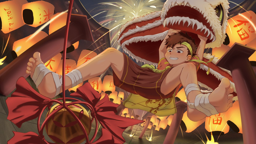 1boy animal_costume barefoot brown_hair child clamjiejiejie commentary dragon_costume english_commentary festival fireworks hairband highres jumping lantern lantern_festival male_focus night original outdoors shorts solo toes yellow_hairband