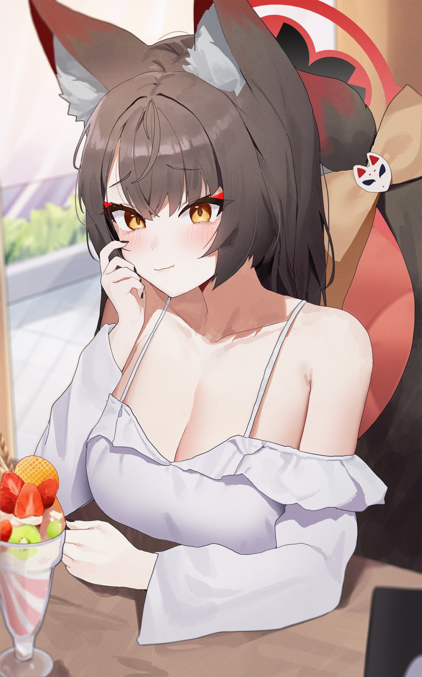 1girl absurdres alternate_costume animal_ear_fluff animal_ears bare_shoulders black_hair blue_archive blush bow breasts cafe casual cleavage fang food fox_ears fox_girl fox_tail fruit gradient_hair halo highres indoors kiwi_(fruit) kiwi_slice large_breasts light_smile long_hair looking_at_viewer multicolored_hair parfait red_hair seya_(sseya33) skin_fang solo strawberry tail tail_bow tail_ornament wakamo_(blue_archive) yellow_eyes