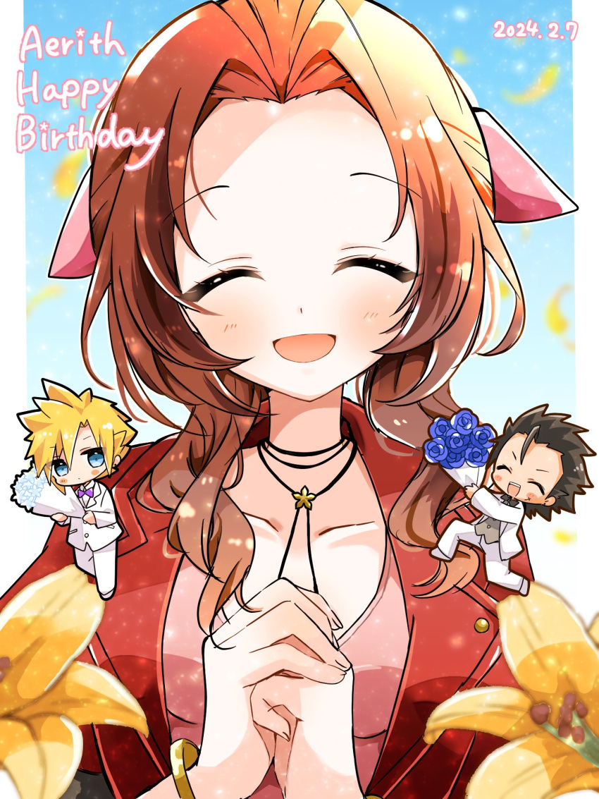 1girl 2boys aerith_gainsborough black_hair blonde_hair blush bouquet bracelet brown_hair chibi chibi_inset choker closed_eyes cloud_strife commentary_request dress final_fantasy final_fantasy_vii final_fantasy_vii_remake flower flower_choker hair_ribbon happy happy_birthday highres holding holding_bouquet jacket jewelry kira0902 long_hair multiple_boys open_mouth own_hands_clasped own_hands_together parted_bangs pink_dress pink_ribbon red_jacket ribbon scar scar_on_cheek scar_on_face sidelocks smile spiked_hair suit white_suit zack_fair