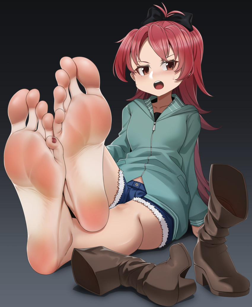 1girl absurdres barefoot black_ribbon blush boots brown_footwear feet foot_focus hair_ribbon highres hood hoodie legs long_toes mahou_shoujo_madoka_magica mahou_shoujo_madoka_magica_(anime) open_mouth red_eyes red_hair red_nails ribbon sakura_kyoko simple_background soles solo sweatdrop teeth toes tsa unworn_boots upper_teeth_only