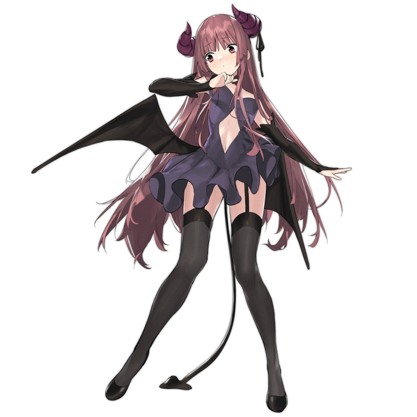 1girl bat_wings black_footwear black_ribbon black_sleeves black_thighhighs blush center_opening closed_mouth demon_horns demon_tail detached_sleeves dress embarrassed full_body garter_straps girls'_frontline hair_down hanazono_yurine high_heels highres horn_ornament horn_ribbon horns jashin-chan_dropkick long_hair low_horns low_wings navel nishiro_ryoujin official_alternate_costume official_art purple_dress red_eyes red_hair ribbon simple_background solo standing tail thighhighs third-party_source transparent_background very_long_hair wings