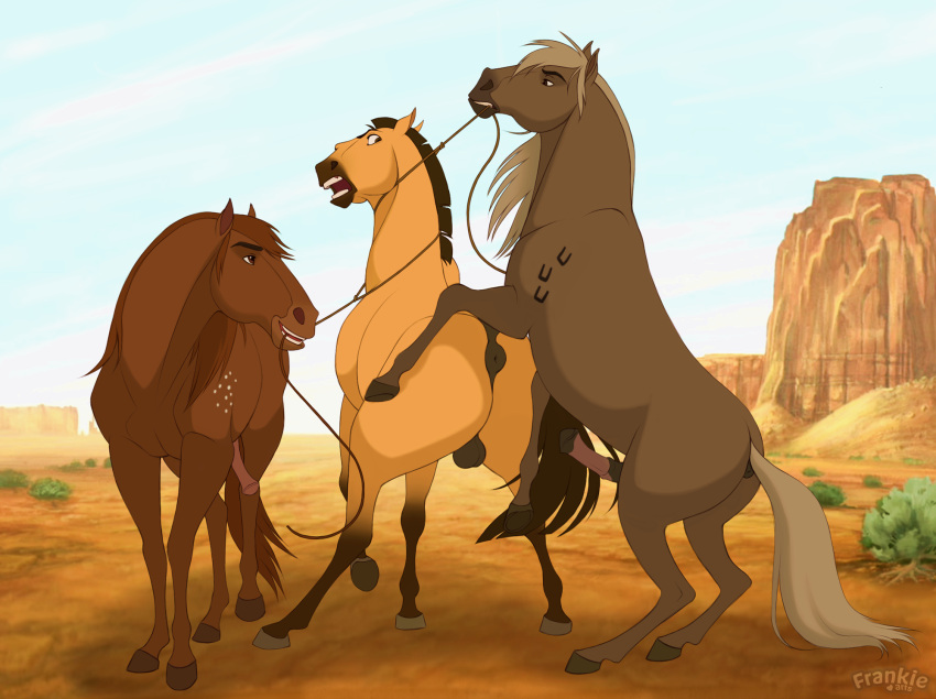 anatomically_correct anatomically_correct_genitalia anatomically_correct_penis animal_genitalia animal_penis anus balls blonde_hair brown_body brown_fur brown_hair dreamworks equid equine equine_genitalia equine_penis erection fenn.perrox feral feral_on_feral from_behind_position fur genitals group group_sex hair hi_res horse imminent_anal imminent_sex intraspecies lasso male male/male mammal mane mounting on_hind_legs outside penis puffy_anus rope_in_mouth sex spirit:_stallion_of_the_cimarron spirit_(cimarron) tan_body tan_fur threesome trio wild_west