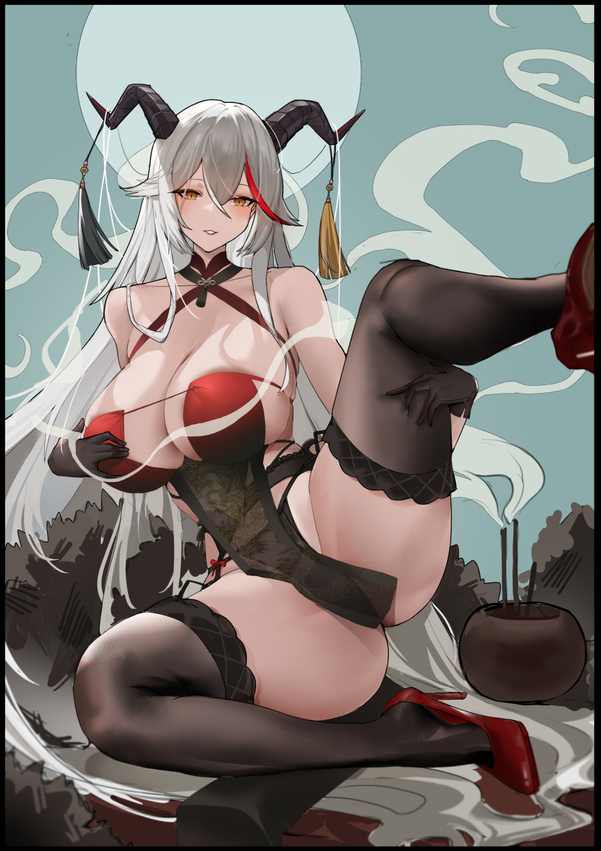 1girl absurdres aegir_(azur_lane) aegir_(golden_dragon_among_auspicious_clouds)_(azur_lane) ass azur_lane bare_shoulders black_footwear black_gloves black_panties black_thighhighs breasts cleavage demon_horns dress garter_straps gloves high_heels highres horns huge_breasts i_am_not_a_cat large_breasts leg_up lingerie long_hair looking_at_viewer moon multicolored_hair open_mouth panties parted_lips red_footwear red_hair shoes sitting smile solo spread_legs streaked_hair thighhighs thighs underwear very_long_hair white_hair yellow_eyes