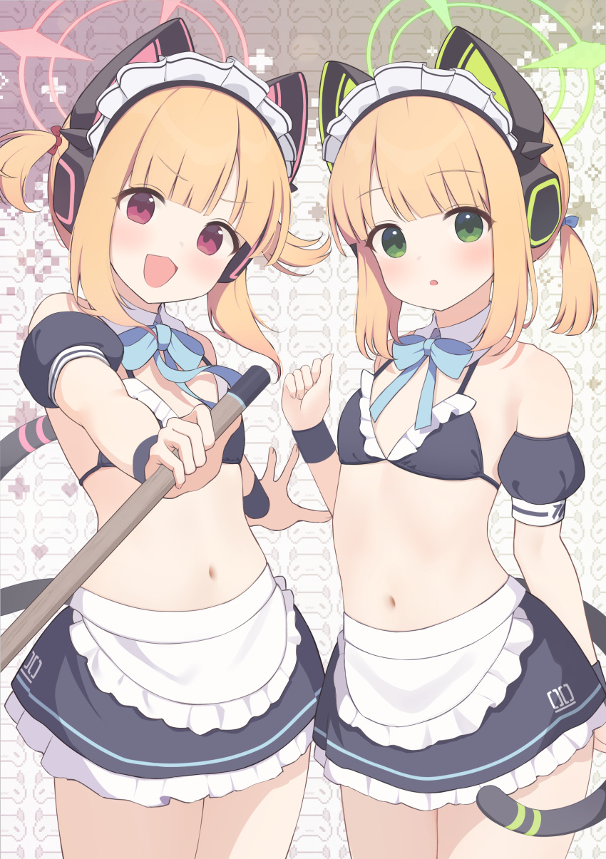 2girls :d :o absurdres adapted_costume animal_ear_headphones animal_ears apron bikini black_bikini black_skirt black_wristband blonde_hair blue_archive blue_bow blue_bowtie blunt_bangs blush bow bowtie breasts cat_ears cat_tail commentary_request cowboy_shot detached_collar fake_animal_ears halo hazuki_lime headphones highres holding holding_staff looking_at_viewer maid maid_apron maid_bikini midori_(blue_archive) midori_(maid)_(blue_archive) miniskirt momoi_(blue_archive) momoi_(maid)_(blue_archive) multicolored_background multiple_girls navel official_alternate_costume official_alternate_hairstyle open_mouth parted_bangs revision short_ponytail short_twintails siblings sisters skirt small_breasts smile staff stomach swimsuit tail twins twintails unconventional_maid waist_apron white_apron